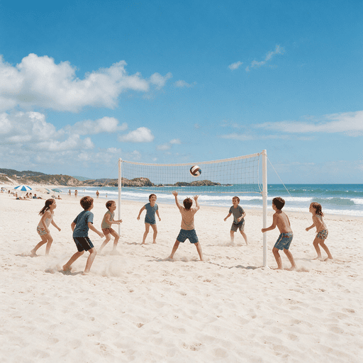 Kids playing beach volleyball together
